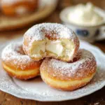 Bombolini doughnuts filled with cream and dusted with powdered sugar on a rustic plate