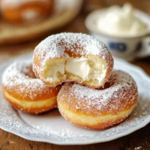 Bombolini doughnuts filled with cream and dusted with powdered sugar on a rustic plate