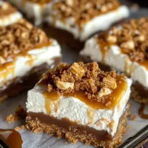 Butterfinger Caramel Cheesecake Bars drizzled with caramel and topped with whipped cream