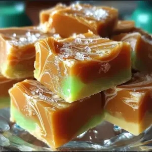Creamy Caramel Apple Fudge squares stacked on a plate.