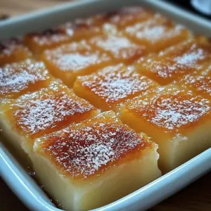 Sliced Cassava Cake with golden top and macapuno garnish on a white plate