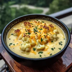 Bowl of Cheddar Cauliflower and Roasted Garlic Soup with chives and crusty bread