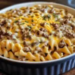 Baked ground beef stroganoff casserole with golden cheese topping in white dish
