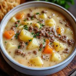A warm bowl of cheesy hamburger potato soup with diced vegetables and melted cheese