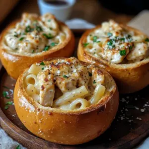 Creamy chicken alfredo served in a golden garlic bread bowl, topped with parmesan and parsley