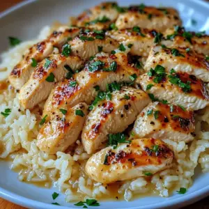Chicken Scampi served over creamy garlic Parmesan rice, garnished with parsley