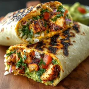 Grilled chicken burrito with chipotle ranch sauce, cut in half and served with fresh toppings