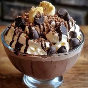 Slice of Choco-Chill Cheesecake Ice Cream Bliss topped with whipped cream and chocolate drizzle