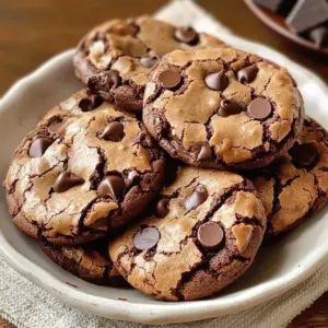 Freshly baked Cookies Made From Brownie Mix stacked on a plate