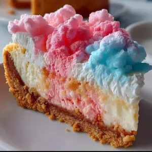 Sliced Cotton Candy Cheesecake with whipped topping and sprinkles.