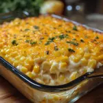A serving of creamy corn casserole in a baking dish topped with melted cheese