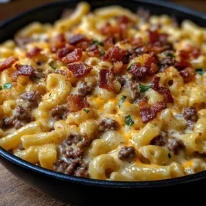 Creamy bacon cheeseburger Alfredo pasta in a skillet, topped with parsley