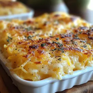 Baked creamy spaghetti squash gratin topped with golden melted cheese
