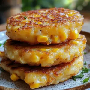 Golden crispy cheddar corn potato fritters on a serving plate