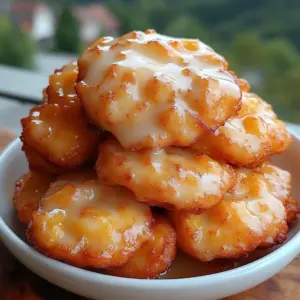 Plate of golden peach fritters dusted with powdered sugar and glazed, with a bite revealing juicy peach chunks