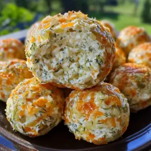 Dill pickle cheese ball coated in herbs and cheddar, served with crackers