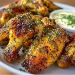 Crispy dill pickle ranch chicken wings garnished with fresh dill