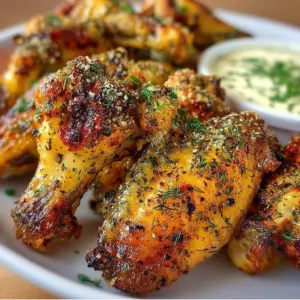 Crispy dill pickle ranch chicken wings garnished with fresh dill
