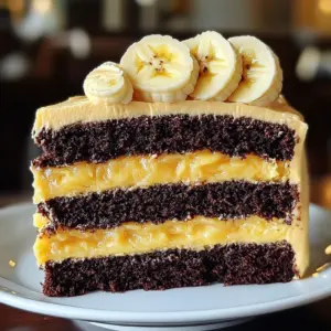 Double Chocolate Banana Layer Cake sliced with chocolate frosting and banana slices on top