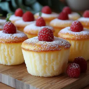 Close-up of fluffy Japanese cotton cheesecake cupcakes dusted with powdered sugar in paper liners