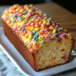 Fruity Pebbles Breakfast Bread sliced on a plate with colorful cereal on top