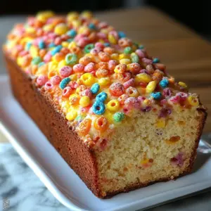 Fruity Pebbles Breakfast Bread sliced on a plate with colorful cereal on top