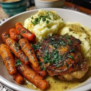 Garlic herb chicken plate with roasted carrots and mashed potatoes.