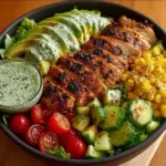 Fresh grilled chicken avocado salad bowl with creamy dressing.