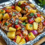 Foil packet opened to reveal BBQ chicken with pineapple, peppers, and onions