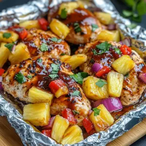 Foil packet opened to reveal BBQ chicken with pineapple, peppers, and onions