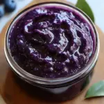Jar of creamy blueberry butter on toast with fresh berries