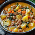 Bowl of creamy Italian sausage potato soup with carrots and spinach, garnished with herbs and crusty bread on the side