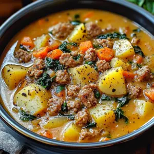 Bowl of creamy Italian sausage potato soup with carrots and spinach, garnished with herbs and crusty bread on the side