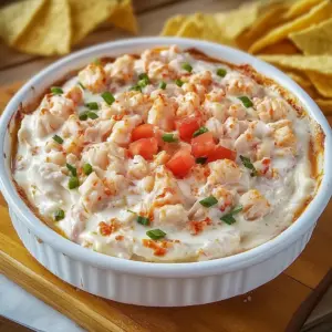 Hot and creamy crab dip in a white dish, topped with tomatoes and parsley