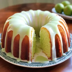 Sliced Key Lime Pound Cake drizzled with glaze on a white cake stand