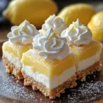 Creamy lemon pie bars topped with whipped cream on a white plate