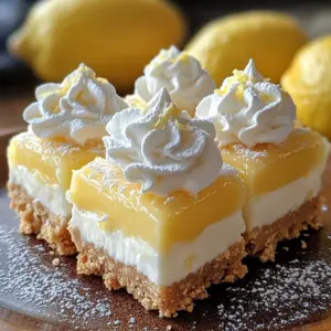 Creamy lemon pie bars topped with whipped cream on a white plate