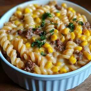 Cheesy ranch beef and sweet corn rotini bake in a baking dish, topped with golden melted cheddar