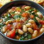 Mediterranean white beans and escarole in a skillet topped with cheese and served with bread