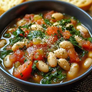 Mediterranean white beans and escarole in a skillet topped with cheese and served with bread