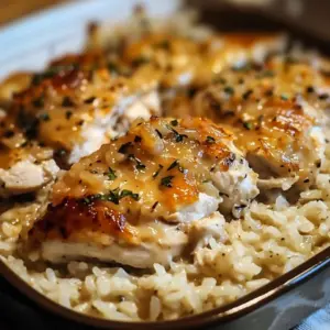 A creamy chicken and rice casserole fresh out of the oven with golden edges