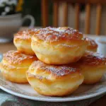Golden brown Nun's Puffs served with honey and berries on a white plate