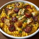 Creamy smoky cheddar ranch chicken and beef sausage pasta in a pot.