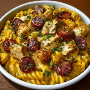 Creamy smoky cheddar ranch chicken and beef sausage pasta in a pot.