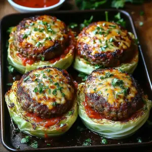 Oven-baked cabbage burger with melted cheese and tomato sauce on a crispy cabbage slice