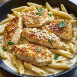 Creamy penne pasta topped with golden sliced parmesan-crusted chicken and fresh basil