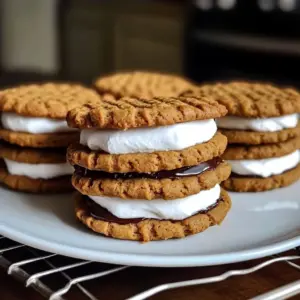 Gooey Peanut Butter S’mores Sandwich Cookies with chocolate drizzle on a plate