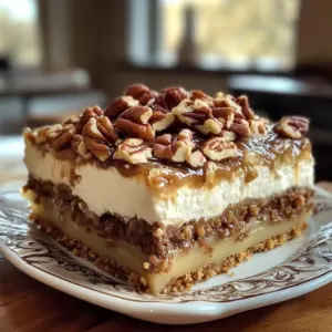 Slice of pecan pie lasagna with chocolate and pecan layers