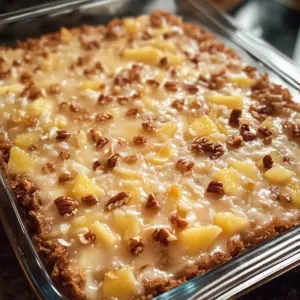 Moist pineapple coconut cake topped with coconut-pecan icing in a 9x13 tray