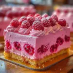 Slice of pink velvet raspberry cheesecake on a white plate with fresh raspberries